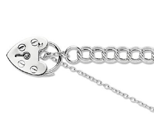 Silver Charm Bracelet With Padlock And Safety Chain Medium Weight