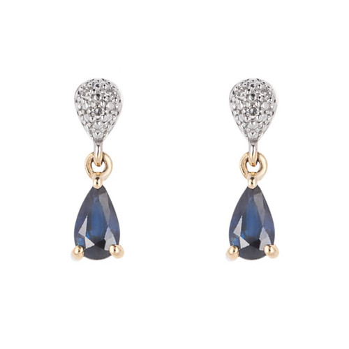 9ct Yellow Gold Sapphire & Pav'e Set Diamond Drop Earrings