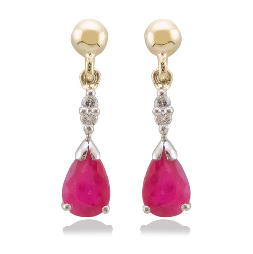 9ct Pear Shape Ruby & Diamond Drop Earrings