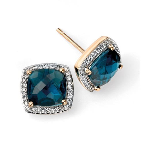 Checkerboard London Blue Topaz Earrings with Diamond in 9ct Gold
