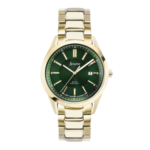 Accurist Gents Gold Plated Solar Green Dial Bracelet Watch 74018 RRP £129.00 Now £102.95