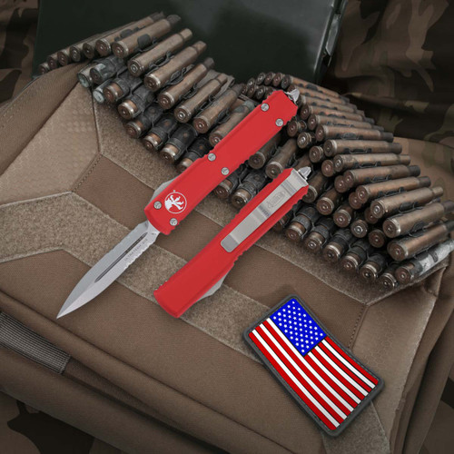 Microtech Ultratech Red - 3.35in Stonewash Dagger Partially Serrated Microtech Ultratech Red - 3.35in Stonewash Dagger Partially Serrated