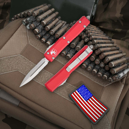 Microtech Ultratech Red - 3.35in Satin Dagger Partially Serrated Microtech Ultratech Red - 3.35in Satin Dagger Partially Serrated