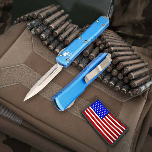 Microtech Ultratech Blue - 3.35in Satin Dagger Fully Serrated Microtech Ultratech Blue - 3.35in Satin Dagger Fully Serrated
