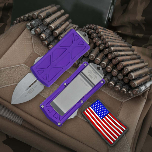 Microtech Exocet Purple - 1.95in Stonewash Dagger Plain Microtech Exocet Purple - 1.95in Stonewash Dagger Plain