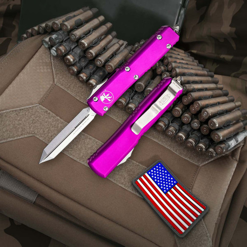 Microtech Ultratech Spartan Violet - 3.35in Stonewash Spartan Dagger Plain Microtech Ultratech Spartan Violet - 3.35in Stonewash Spartan Dagger Plain