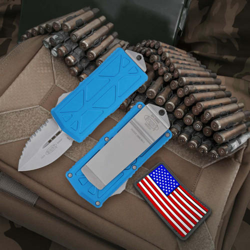Microtech Exocet Blue - 1.95in Stonewash Dagger Fully Serrated Microtech Exocet Blue - 1.95in Stonewash Dagger Fully Serrated