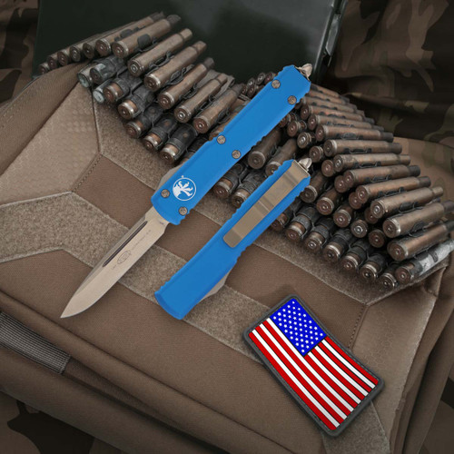 Microtech Ultratech Blue - 3.35in Bronze Drop Point Plain Microtech Ultratech Blue - 3.35in Bronze Drop Point Plain