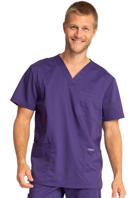 Revolution by Cherokee Workwear Men's V-Neck Utility Solid Scrub Top In Grape