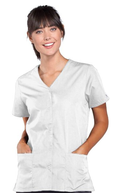 Cherokee Workwear Originals Women's Snap Front 2-Pocket Solid Scrub Top In White