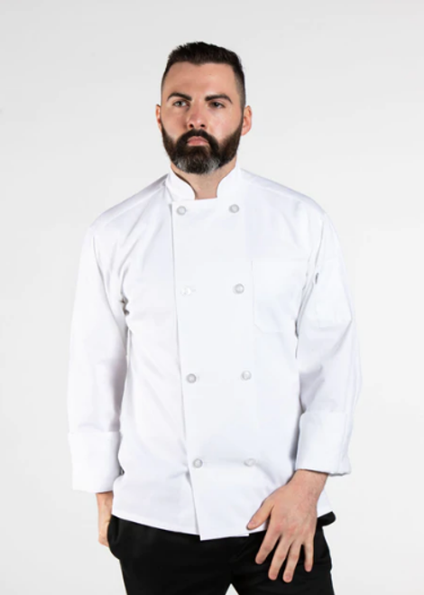 Uncommon chef coat 8 buttons, finished cuffs and collar in white