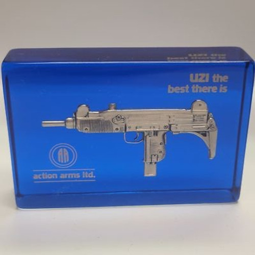 ACTION ARMS LTD UZI "THE BEST THERE IS" ACRYLIC LUCITE BLUE BLOCK DISPLAY ACTION ARMS LTD UZI "THE BEST THERE IS" ACRYLIC LUCITE BLUE BLOCK DISPLAY