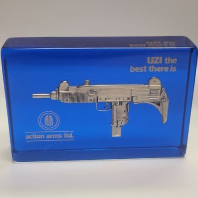 ACTION ARMS LTD UZI "THE BEST THERE IS" ACRYLIC LUCITE BLUE BLOCK DISPLAY