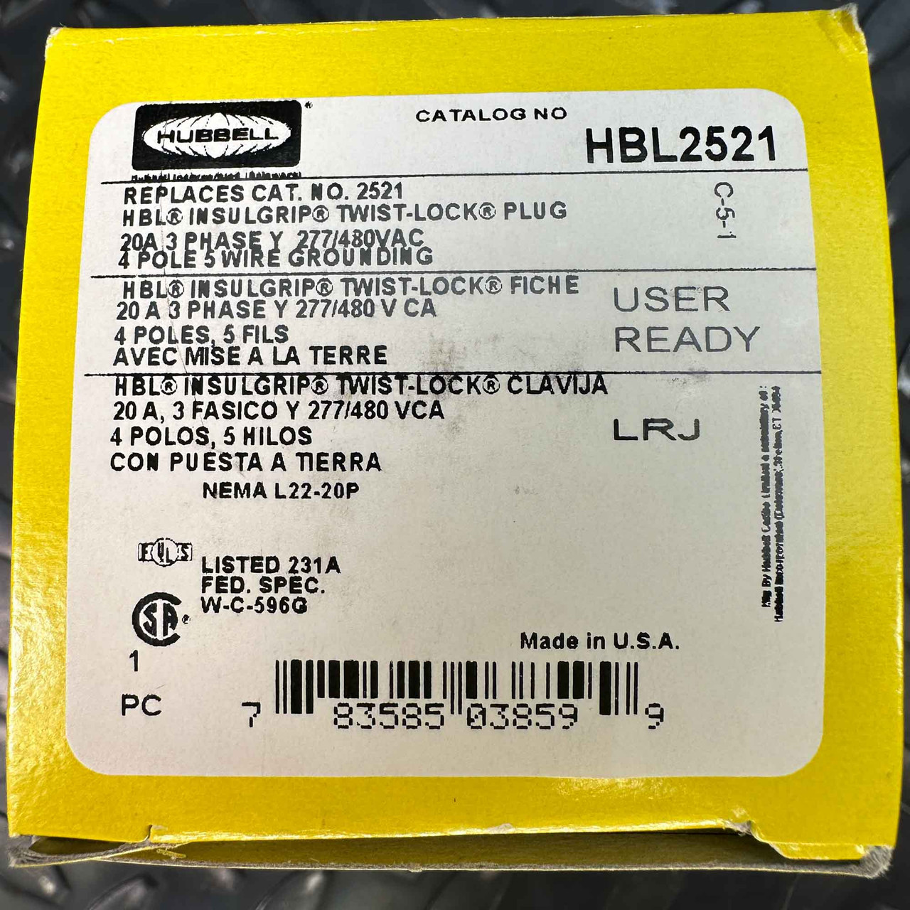 Hubbell HBL2521 Twist-Lock Plug 20A 277/480V 4P 5W