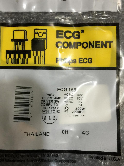 A sealed package labeled "ECG Component Philips ECG" containing technical specifications for a Philips ECG159 NPN Silicon Transistor, showing values for VCEO, VEBO, and IC. The packaging also includes a barcode and country of origin listed as Thailand. Product sourced from PartsMine.com.