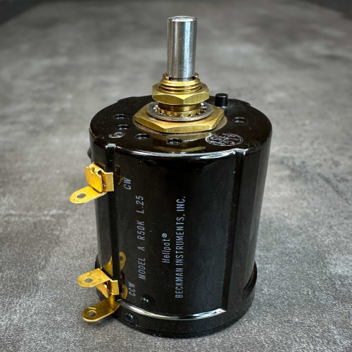 Beckman Helipot Model A R50K L.25 potentiometer angled view with gold solder lug terminals