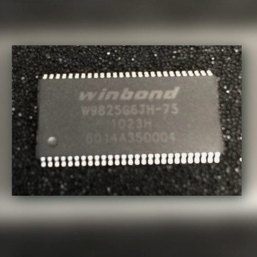 Single Winbond W9825G6JH-75 SDRAM chip in a 54-pin TSOP II package on dark surface