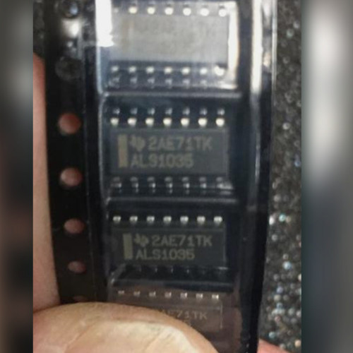 Strip of black carrier tape holding 14-lead SOIC chips, two showing TI logo and ALS1035