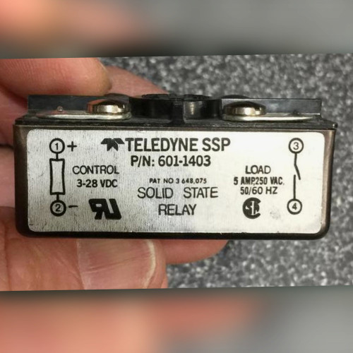 Teledyne SSP 601-1403 solid state relay front label showing 3-28VDC control and 5A 250VAC load