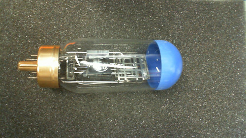 Clear envelope with visible filament assembly, gold base with pins, and blue dome coating on tip. No visible cracks or chips.