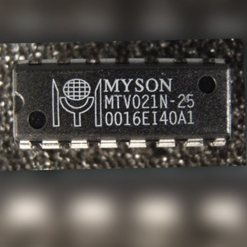 Myson MTV021N-25 16-pin plastic DIP chip with Myson logo on a dark textured surface