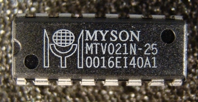 DIP-16 body marked MTV021N-25, date/lot code 0016EI40A1, all 16 leads straight and untinned.
