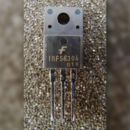 Black TO-220F full-pack transistor marked with Fairchild logo and IRFS630A, three leads pointing down