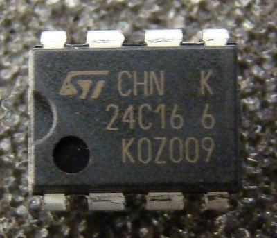 DIP-8 body marked CHN, K, 24C16, 6, and K0Z009. Eight leads straight and clean, no bends or oxidation.