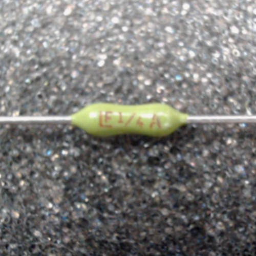 Olive-green subminiature axial fuse on straight wire leads, red body printing reads LF 1/4 A