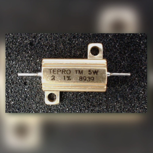 Gold aluminum TEPRO TM resistor housing marked 5W, two mounting tabs, flat wire terminals