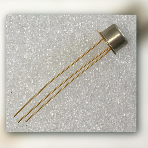 Metal-can transistor seen from the side with three long leads and a small rim tab