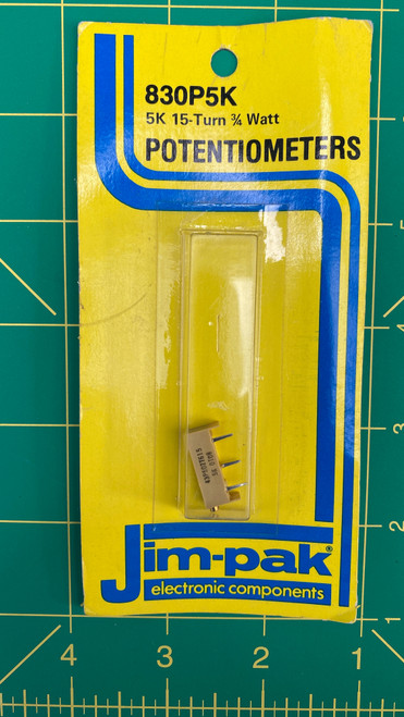 Sealed Jim-pak 830P5K 5K ohm 15-turn potentiometer blister card, front view on cutting mat