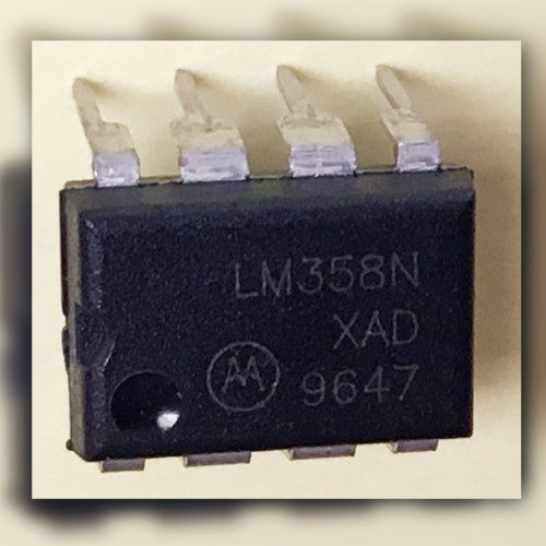 Motorola LM358N dual operational amplifier IC in DIP-8 package showing top markings.