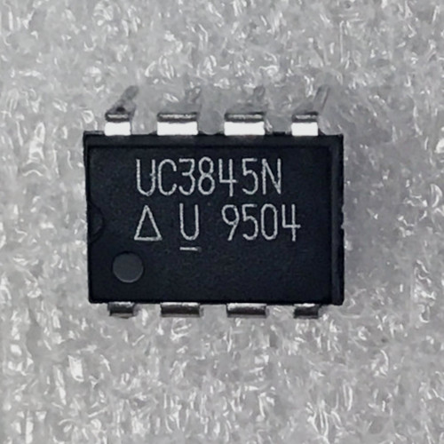 Top view of a Texas Instruments Unitrode UC3845N 8-pin DIP integrated circuit showing top markings.