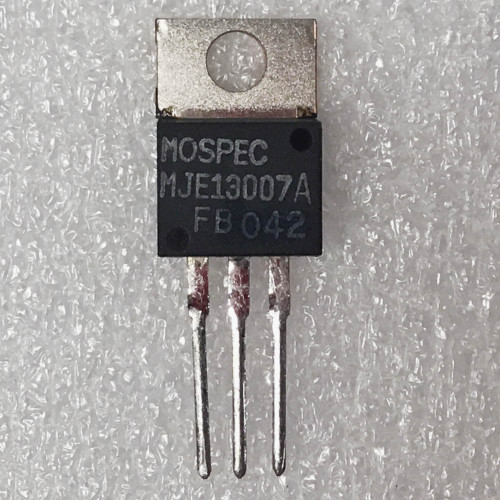 MOSPEC MJE13007A NPN transistor in TO-220, front markings and FB 042 code readable