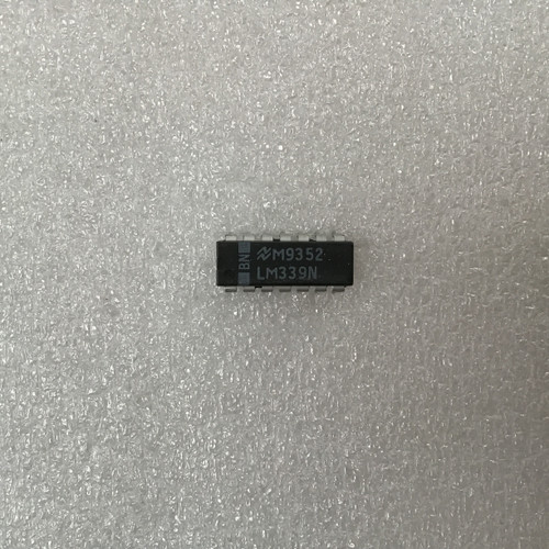 National Semiconductor LM339N IC with "BN" logo, "M9352" date code, and "LM339N" marking. Pins appear straight and clean.