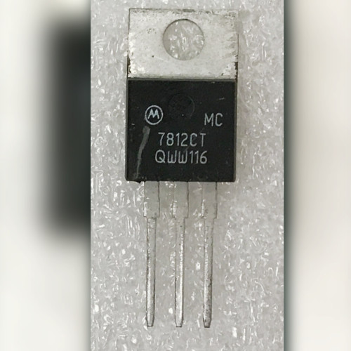 Motorola logo with MC 7812CT QWW116 on black TO-220 body, leads straight.