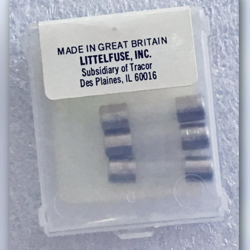 Littelfuse glass fuses inside original clear box, back label reading Made in Great Britain