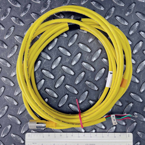 Yellow polyurethane jacket coiled cable; jacket print reads 10150542 POLYURETHANE JACKET 3/10 AWG 300V; metal knurled straight female connector one end, bare three-wire termination opposite end.