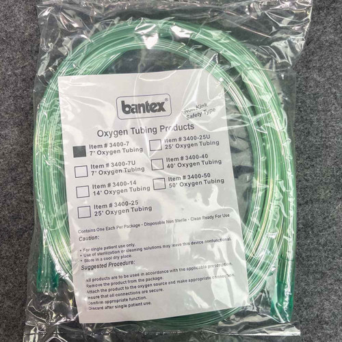Bantex 3400-7 oxygen tubing sealed in bag, front view, insert card and 7 foot checkbox visible