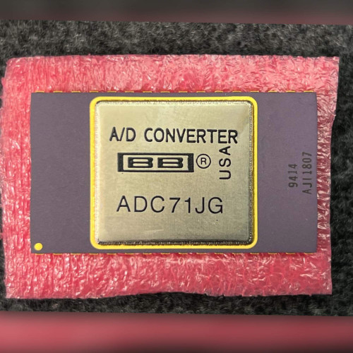 Burr Brown ADC71JG top view, gold lid marked A/D CONVERTER with BB logo and USA, ceramic flank marked 9414 AJI1807