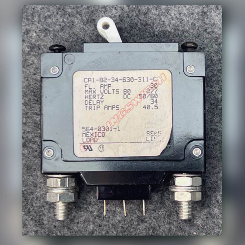 Carlingswitch CA1-B2-34-630-311-C circuit breaker front label showing 30 amp rating and voltage specifications