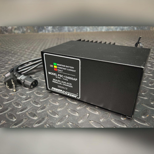 Powersonic PSC-124000AP charger front three-quarter view with coiled IEC line cord