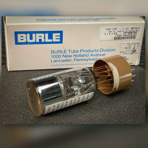 Burle 4856 photomultiplier tube on foam beside white Burle carton with 1996 receiving label