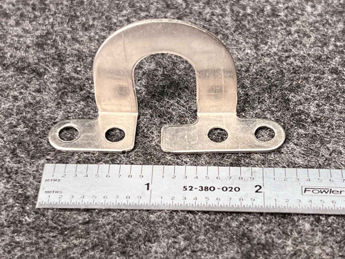 Silver metallic Ushaped Federal Pacific F50 Thermal Overload Heater Element, an essential electrical component measuring approximately 2.5 inches wide, featuring two predrilled mounting holes on each of its flattened ends, presented with a polished finish against a dark gray textured background with a ruler for scale. This durable replacement part ensures reliable circuit protection for industrial and electrical panel applications.