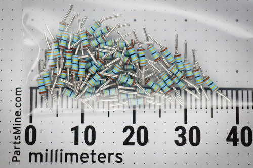 50 metal film resistors showing clean bodies, clear color bands, and untarnished short leads.