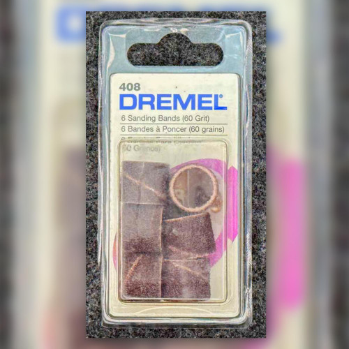 Front of Dremel 408 6-pack of 60-grit sanding bands in original blister packaging.