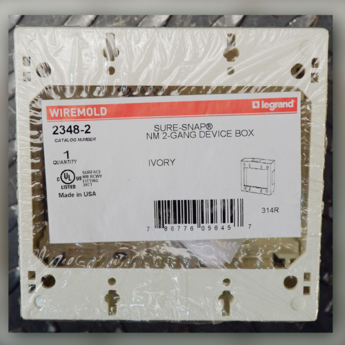 Wiremold 2348-2 Sure-Snap NM 2-gang device box, front label view, sealed ivory box