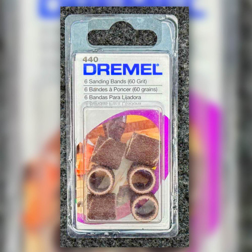 Front view of sealed blister pack of Dremel 440 60 grit sanding bands.