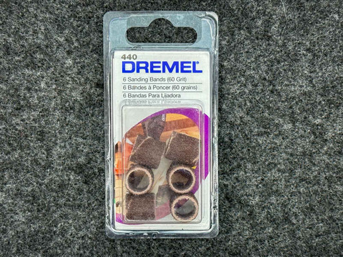 Dremel 440 sanding bands front of sealed blister pack, six bands 60 grit